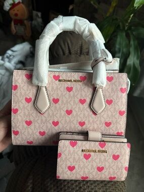 Michael Kors Pink and Red Heart Small Satchel with wallet
